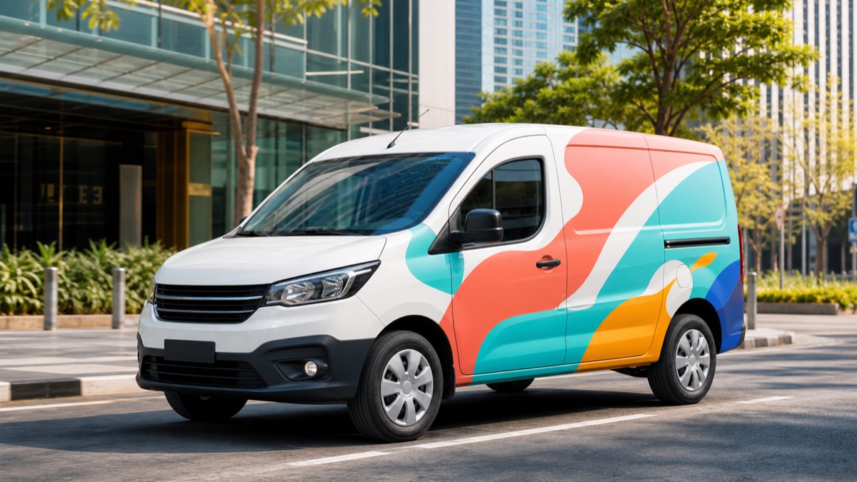 Mobil van dengan reklame kendaraan berwarna cerah